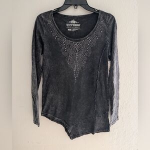 Witness Acid Wash Long Sleeve Top with Embellishments